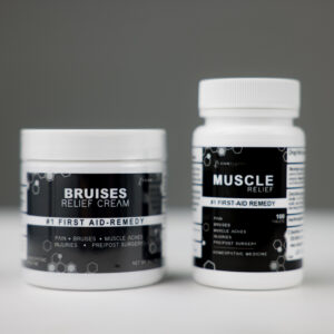 two containers left one bruise releave cream, right one muscle relieve