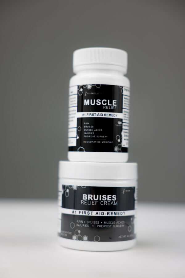 two containers left one bruise releave cream, right one muscle relieve